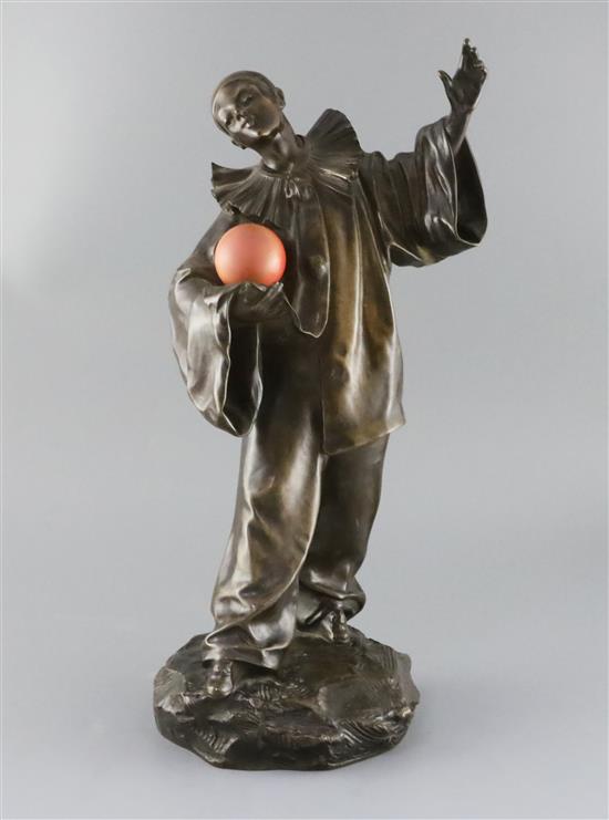 Jules Aimé Grosjean (1872-1906). A bronze figure of Pierrot standing holding a ball, height 17.5in.